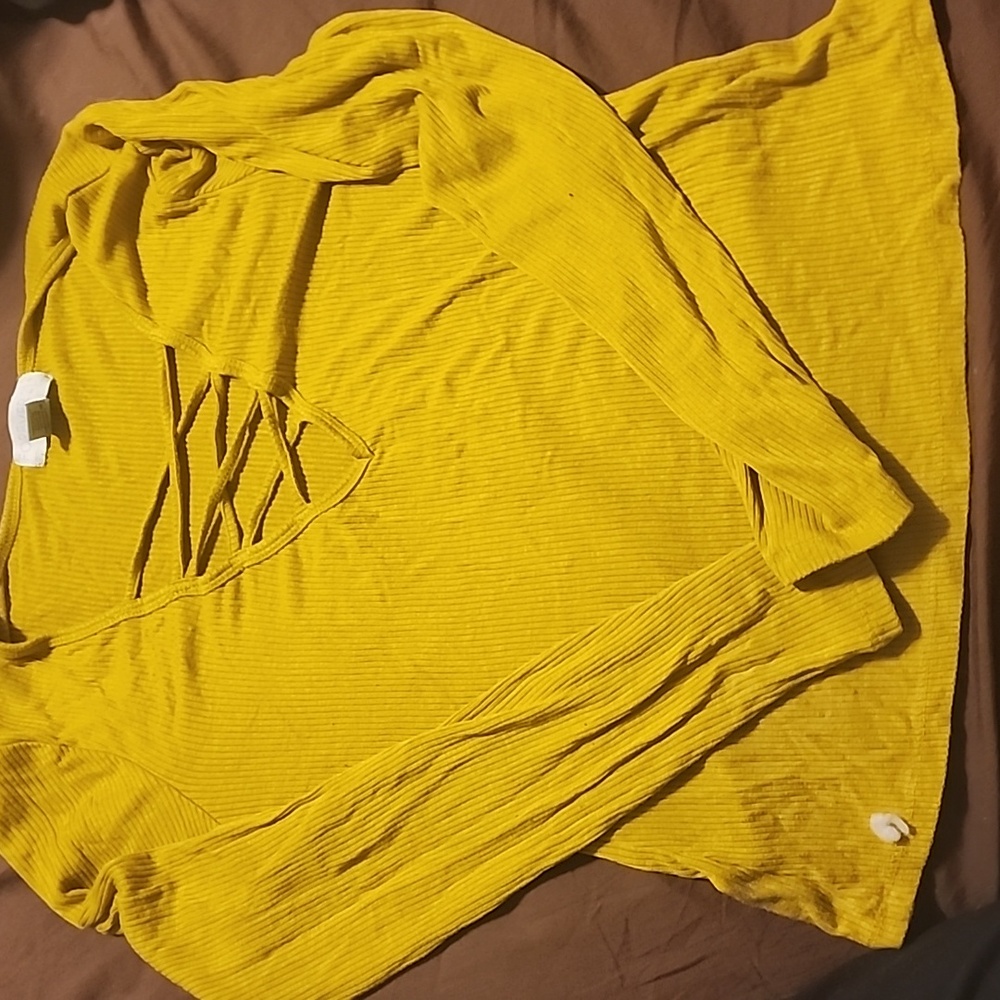 Yellow low cut strappy long sleeve shirt
